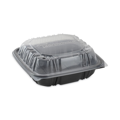 EarthChoice Vented Dual Color Microwavable Hinged Lid Container, 1-Compartment, 38oz, 8.5x8.5x3, Black/Clear, Plastic, 150/CT-(PCTDC858100B000)