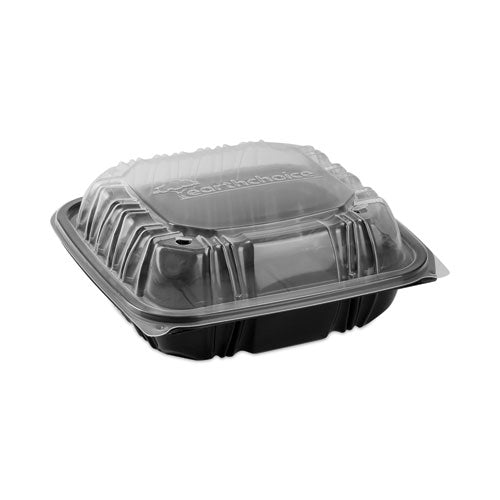 EarthChoice Vented Dual Color Microwavable Hinged Lid Container, 3-Compartment, 21oz, 8.5x8.5x3, Black/Clear, Plastic, 150/CT-(PCTDC858310B000)