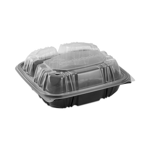 EarthChoice Vented Dual Color Microwavable Hinged Lid Container, 33oz, 8.5x8.5x3, 3-Compartment, Black/Clear, Plastic, 150/CT-(PCTDC858330B000)