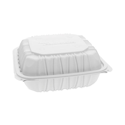 EarthChoice Vented Microwavable MFPP Hinged Lid Container, 3-Compartment, 8.5 x 8.5 x 3.1, White, Plastic, 146/Carton-(PCTYCNW0853)