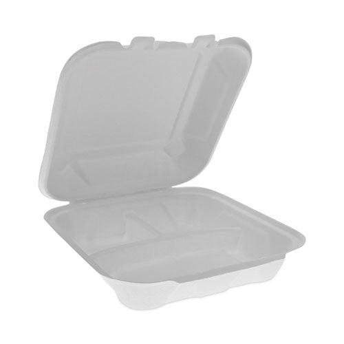 EarthChoice Bagasse Hinged Lid Container, 3-Compartment, Dual Tab Lock, 7.8 x 7.8 x 2.8, Natural, Sugarcane, 150/Carton-(PCTYMCH08030001)