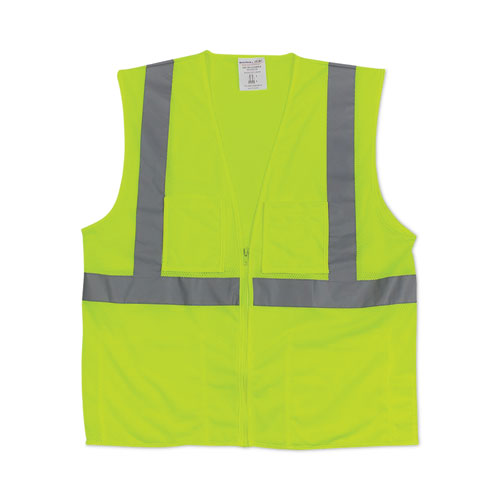 ANSI Class 2 Four Pocket Zipper Safety Vest, Polyester Mesh, 2X-Large, Hi-Viz Lime Yellow-(PID302MVGZ4PLY2)