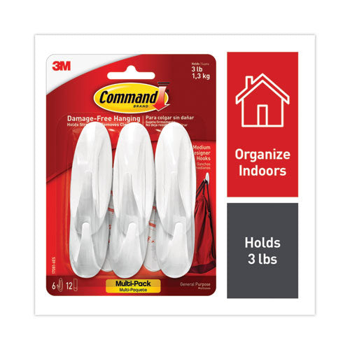 Designer Hooks, Medium, Plastic, White, 3 lb Capacity, 6 Hooks and 12 Strips/Pack-(MMM170816ES)