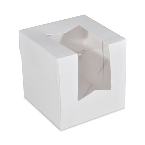 White Window Bakery Boxes with Attached Flip Top, 4-Corner Beers Design, 4.5 x 4.5 x 4.5, White, Paper, 200/Carton-(SCH24033)