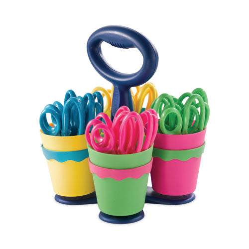 Scissor Caddy with Kids Scissors, 5" Long, 2" Cut Length, Light Blue Light Green Pink Yellow, Straight Handles, 24/Set-(ACM14755)