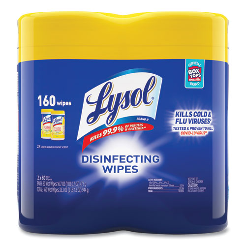 Disinfecting Wipes, 1-Ply, 7 x 7.25, Lemon and Lime Blossom, White, 80 Wipes/Canister, 2 Canisters/Pack-(RAC80296PK)