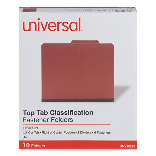 Six-Section Pressboard Classification Folders, 2" Expansion, 2 Dividers, 6 Fasteners, Letter Size, Red Exterior, 10/Box-(UNV10270)