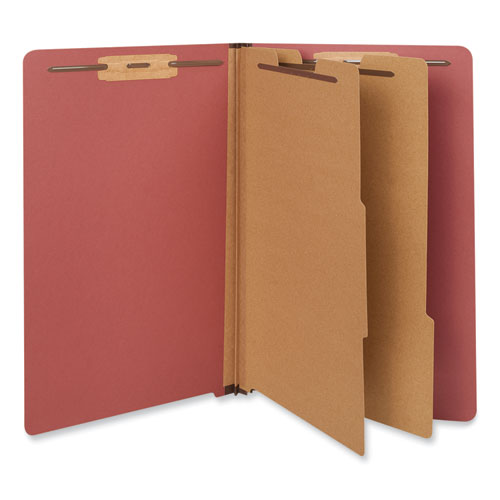 Red Pressboard End Tab Classification Folders, 2" Expansion, 2 Dividers, 6 Fasteners, Legal Size, Red Exterior, 10/Box-(UNV10316)