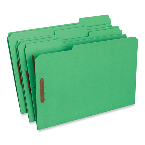 Deluxe Reinforced Top Tab Fastener Folders, 0.75" Expansion, 2 Fasteners, Legal Size, Green Exterior, 50/Box-(UNV13526)