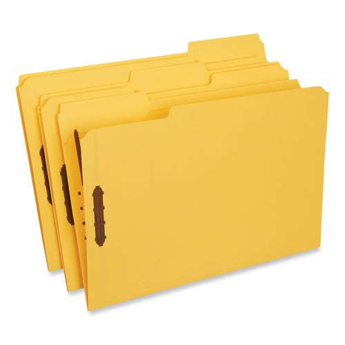 Deluxe Reinforced Top Tab Fastener Folders, 0.75" Expansion, 2 Fasteners, Legal Size, Yellow Exterior, 50/Box-(UNV13528)