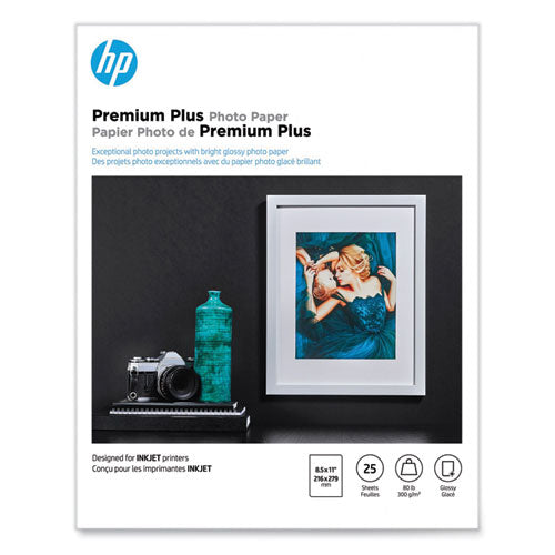 Premium Plus Photo Paper, 11.5 mil, 8.5 x 11, Glossy White, 25/Pack-(HEWCR670A)