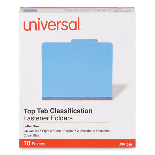 Bright Colored Pressboard Classification Folders, 2" Expansion, 2 Dividers, 6 Fasteners, Letter Size, Cobalt Blue, 10/Box-(UNV10301)