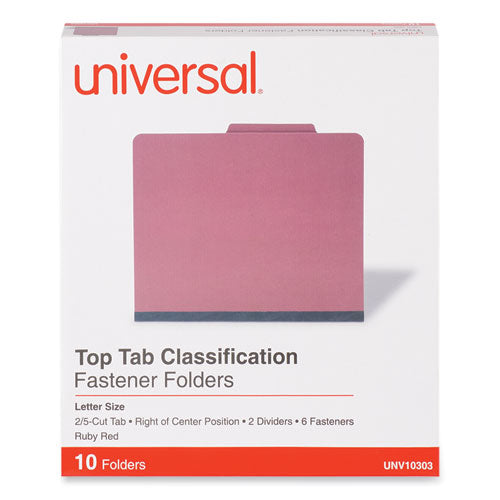 Bright Colored Pressboard Classification Folders, 2" Expansion, 2 Dividers, 6 Fasteners, Letter Size, Ruby Red, 10/Box-(UNV10303)