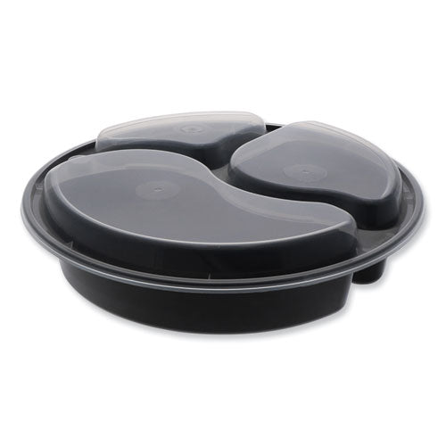 Newspring VERSAtainer Microwavable Containers, Round, 3-Compartment, 39 oz, 9 x 9 x 2.25, Black/Clear, Plastic, 150/Carton-(PCTNC9388B)