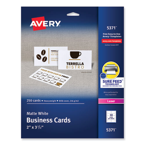 Printable Microperforated Business Cards w/Sure Feed Technology, Laser, 2 x 3.5, White, 250 Cards, 10/Sheet, 25 Sheets/Pack-(AVE5371)