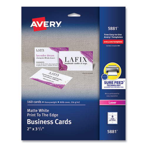 Print-to-the-Edge Microperf Business Cards w/Sure Feed Technology, Color Laser, 2x3.5, White, 160 Cards, 8/Sheet,20 Sheets/PK-(AVE5881)