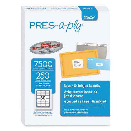 Labels, Laser Printers, 1 x 2.63, White, 30/Sheet, 250 Sheets/Box-(AVE30606)