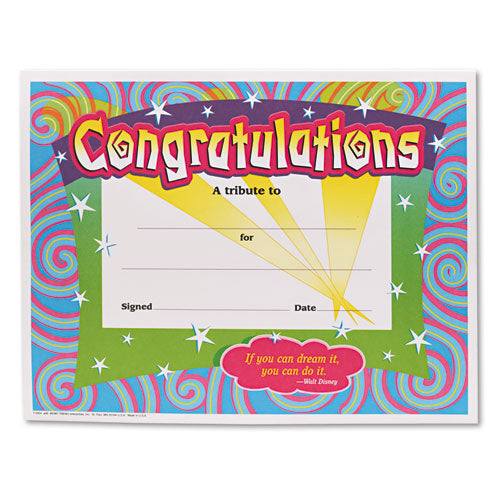 Congratulations Colorful Classic Certificates, 11 x 8.5, Horizontal Orientation, Assorted Colors with White Border, 30/Pack-(TEPT2954)